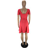 2021 Elegant Solid Color Women's Summer Sundress Short Sleeve U Neck Casual A Line Knee Length Midi Dress MN-9311