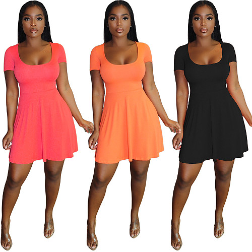2021 Elegant Solid Color Women's Summer Sundress Short Sleeve U Neck Casual A Line Knee Length Midi Dress MN-9311