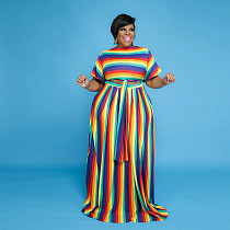 Fashion Rainbow Stripes Print Streetwear Short Sleeve V Neck Crop Tops Maxi Skirt Plus Size 2 Piece Set JLY-19207