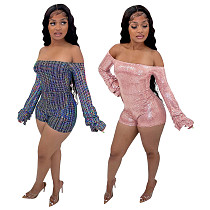 Women Summer Long Sleeve Off The Shoulder Glitter Sequin Spliced Bodycon Nightclub Party Rompers PN-6706