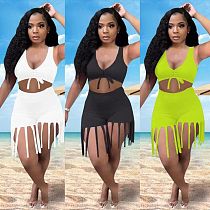 Fashion Solid Color Sleeveless V Neck Drawstring Vest Crop Top Tassel Shorts Summer Women 2 Piece Set KMN-88028