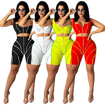 Summer Sexy Women Clothing Zip Crop Top Biker Shorts Striped Patchwork Club Two Piece Matching Sets SZ-8123
