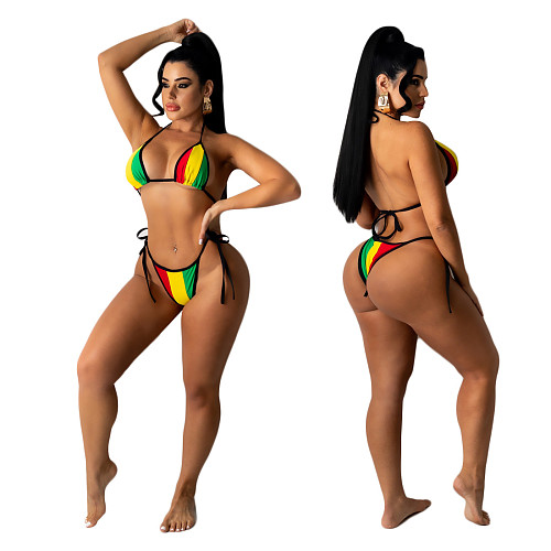 Sexy Colorful Striped Bikini Sets Women 2021 Summer Halter Bandage Bra Thong Two Pieces Swimsuits CY-7008