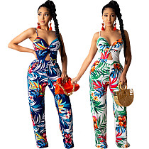 Fashion Floral Printed Spaghetti Strap Women V Neck Bow Knot Sexy Summer Beach One Piece Jumpsuit SMR-10142