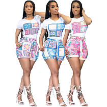 Summer Women Outfit Pattern Print Short Sleeve O Neck T-Shirts Shorts Streetwear Two Piece Set LDS-3285