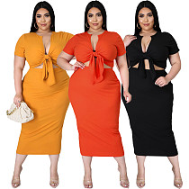 Fashion Solid Color Short Sleeve Deep V Lace Up Crop Top Straight Skirt Plus Size Two Piece Set LDS-3283