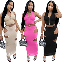 Women Clothing Solid Sleeveless Zip Stand Collar Crop Tops Hole Long Bodycon Skirts Two Piece Sets NIYA-8076