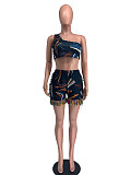 Sexy Women Bodycon Print Asymmertical One Shoulder Sleeveless Crop Top Tassels Shorts 2 Piece Set AML-2160
