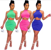Women Clothing Solid Sleeveless O Neck Crop Tops Mini Skirts Sexy Summer Fashion Two Piece Sets QINY-8018