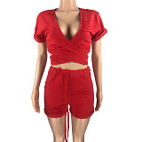 Summer Tracksuit Sexy Short Sleeve Deep V-Neck Hollow Crop Top Lace Up Biker Shorts Two Piece Set SY-9090