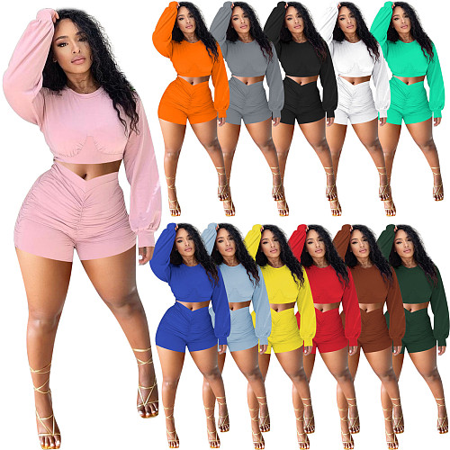 Autumn Women Clothing Sexy Solid Color Long Sleeve Crop Top Elastic Waist Ruched Shorts 2 Piece Set NIK-253