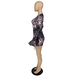 Fashion Leopard Print V Neck Flared Long Sleeve Drawstring Ruched Bodycon Night Club Mini Dress XSH-60022