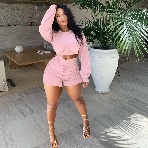 Autumn Women Clothing Sexy Solid Color Long Sleeve Crop Top Elastic Waist Ruched Shorts 2 Piece Set NIK-253