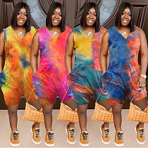 Gradient Tie Dye Print 2021 Summer Sleeveless Side Pockets High Street V-Neck Loose Womens Romper AML-2150