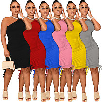 Fashion Women Solid Color Drawstring One Shoulder Sleeveless Ruched Bodycon Summer Midi Dress DAI-8362