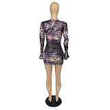 Fashion Leopard Print V Neck Flared Long Sleeve Drawstring Ruched Bodycon Night Club Mini Dress XSH-60022