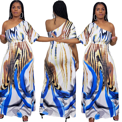 2021 Summer Fashion Women Print Skew Shoulder Short Sleeve Loose Fit Beach Party Long Maxi Dress YIYI-81332