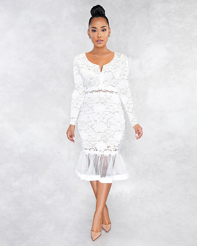 Summer Fashion Small V-Neck Long Sleeves Lace See Through Patchwork Fishtail Women Midi Dress ME-920