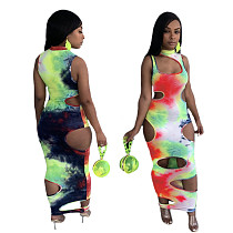 2021 Summer Sexy Women Tie Dye Print Sleeveless Hollow Out Bodycon Club Party Maxi Dress XING-069