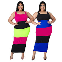 Womens Summer Clothes Color Patchwork Sleeveless Square Collar Casual Plus Size Long Maxi Dress SFY-2114
