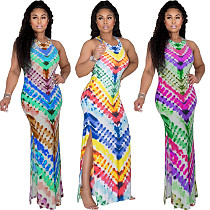 Casual Women 2021 Summer Tie-dye Print Sleeveless O Neck Side Slit A Line Beach Party Maxi Dress ZAND-31151