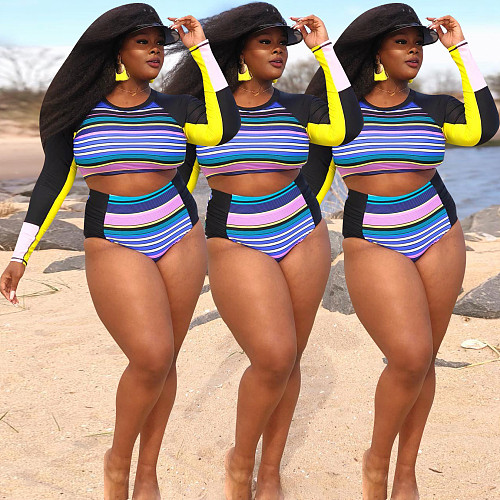 Women Sexy Printed Long Sleeve O Neck Crop Tops High Waist Beachwear Push-Up Two Piece Bikini Set LP-66302