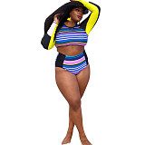 Printed Long Sleeve Crop Tops High Waist Beachwear Push-Up Two Piece Bikini Set LP-66302