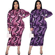 Autumn Vintage Tie Dye Print Plus Size Long Sleeve Women Bodycon Sexy Club Party Long Maxi Dress SMR-10565