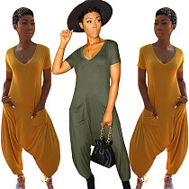 Summer Solid V Neck Short Sleeve Pocket Casual Chic Street Wear Women Loose Baggy Jumpsuit RUM-8940