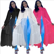 Casual Sheer Mesh Patchwork Solid Color Long Puff Sleeve Blouse Shirt Women Long Maxi Dress QIY-5072