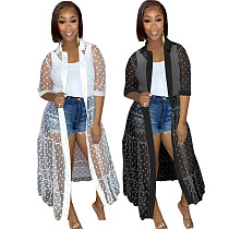 2021 Dot Print Solid Color Mesh Short Sleeve Summer Fashion Long Cardigan Women Maxi Dress QIY-5076