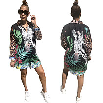 Women 2021 Chic Fashion Animal Print Vintage Long Sleeve Button-Up Shirt Loose Fit Mini Dress SMR-10220