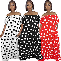 Summer Short Sleeve Polka Dot Print Off Shoulder Bohemian Plus Size Women Beach Maxi Dresses QIY-5077
