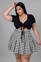 Plus Size Women Clothing Short Sleeve Lace Up Crop Top Plaid Pleated Skirt Summer Two Piece Set XY-9110