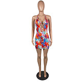 Sexy Printed Hollow Out Metal Ring Connect Halter Backless Skinny Summer Party Clubwear Mini Dress NUOSHA-70020