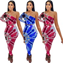 Fashion Tie Dye Print Women One Shoulder Long Sleeve Crop Top Bodycon Pants Summer Two Piece Set YMT-6214