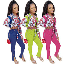 2021 Women Elegant Long Sleeve Print Turn-Down Collar Shirt Crop Top Leggings Two Piece Pants Set YMT-6217