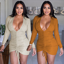 Sexy Solid Color Long Sleeve V-Neck Slim Drawstring Ruched Bodycon Elastic Club Party Mini Dress XSH-60025