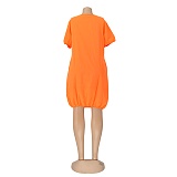 Lovely Solid Color Short Sleeved Round Neck Lantern Dress AIL-107