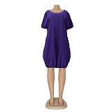 Lovely Solid Color Short Sleeved Round Neck Lantern Dress AIL-107
