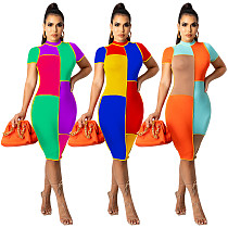 2021 Summer Fashion Contrast Stitch Color Block Women Short Sleeve O Neck Bodycon Midi Dress SZ-8154