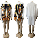 Women Fashion Long Sleeve Pattern Print Irregular Large Hem Loose Casual Shirt Summer Mini Dress CY-7031