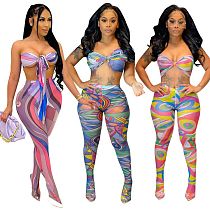 Women's Sexy Summer 2021 Streetwear Print Halter Crop Tops Pencil Pants Bodycon Club Two Piece Set LSD-81008