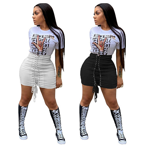 Fashion Women Summer High Waist Eyelet Lace Up Bandage Streetwear Bodycon Mini Pencil Skirts BNY-7195