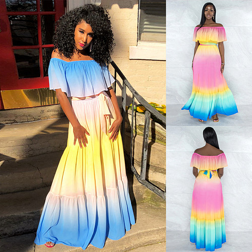 2021 New Fashion Elegant Rainbow Chiffon Off Shoulder Short Sleeve Ruffle Beach Party Maxi Dress SN-11663