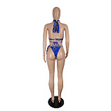 Sexy Paisley Print Halter Criss Cross Crop Top Lace Up Underwear 2 Piece Bikini Set SHE-7271