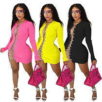 Sexy Women Solid Rib Knitted Hollow Out Metal Chain Tie Up Long Sleeve Bodycon Nightclub Mini Dress YD-1061