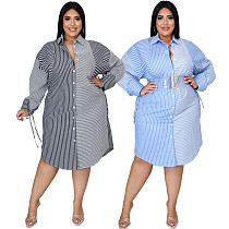 Plus Size Autumn Women Clothes Vintage Long Sleeve Lapel Collar Button Up Striped Shirt Midi Dress ASL-7039