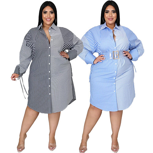 Plus Size Autumn Women Clothes Vintage Long Sleeve Lapel Collar Button Up Striped Shirt Midi Dress ASL-7039