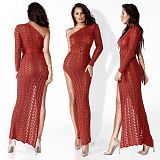 Women Sexy One Shoulder Long Sleeve Hollow Out Knitted High Slit Bodycon Maxi Club Party Beach Dress ZS-013